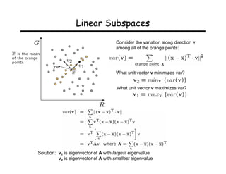 Linear Subspaces
                                      Consider the variation along direction v
                                      among all of the orange points:




                                      What unit vector v minimizes var?


                                       What unit vector v maximizes var?




Solution: v1 is eigenvector of A with largest eigenvalue
          v2 is eigenvector of A with smallest eigenvalue
 