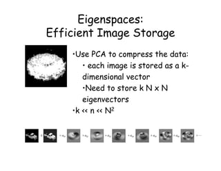 Eigenspaces:
    Efficient Image Storage
              •Use PCA to compress the data:
                 • each image is stored as a k-
                 dimensional vector
                 •Need to store k N x N
                 eigenvectors
              •k << n << N2

      a01      a02    a03    a04    a05    a06   
 