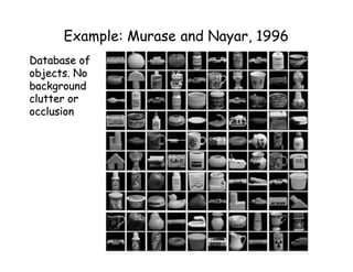 Example: Murase and Nayar, 1996
Database of
objects. No
background
clutter or
occlusion
 