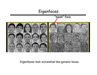 Eigenfaces
                         “mean” face




Eigenfaces look somewhat like generic faces.
 