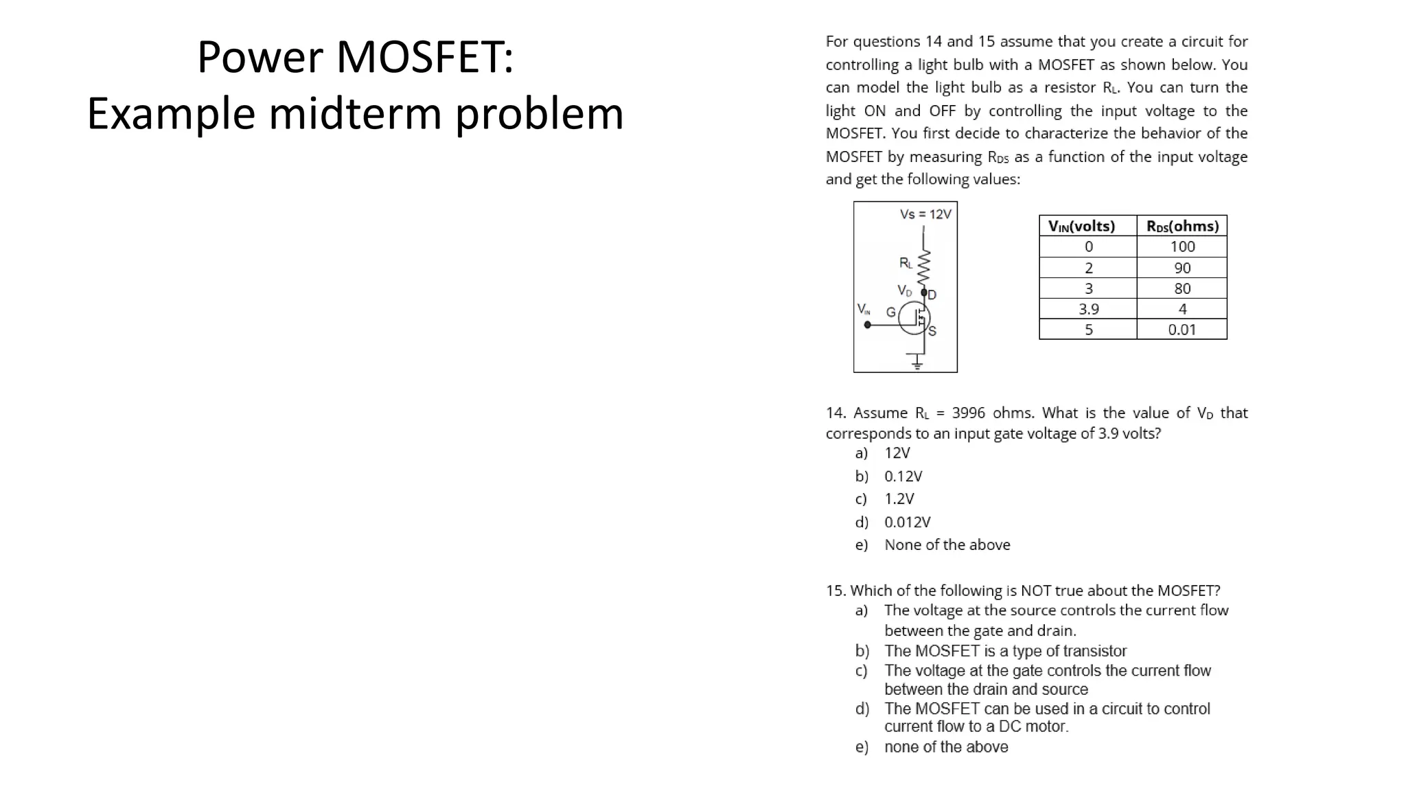 Power MOSFET:
Example midterm problem
 