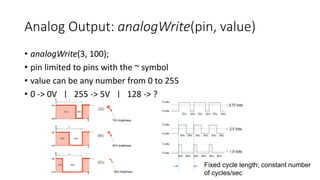 Analog Output: analogWrite(pin, value)
• analogWrite(3, 100);
• pin limited to pins with the ~ symbol
• value can be any number from 0 to 255
• 0 -> 0V | 255 -> 5V | 128 -> ?
Fixed cycle length; constant number
of cycles/sec
 