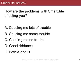 Slides by Jonathan Eisen for BIS2C at UC Davis Spring 2016
SmartSite issues?
How are the problems with SmartSite
affecting...