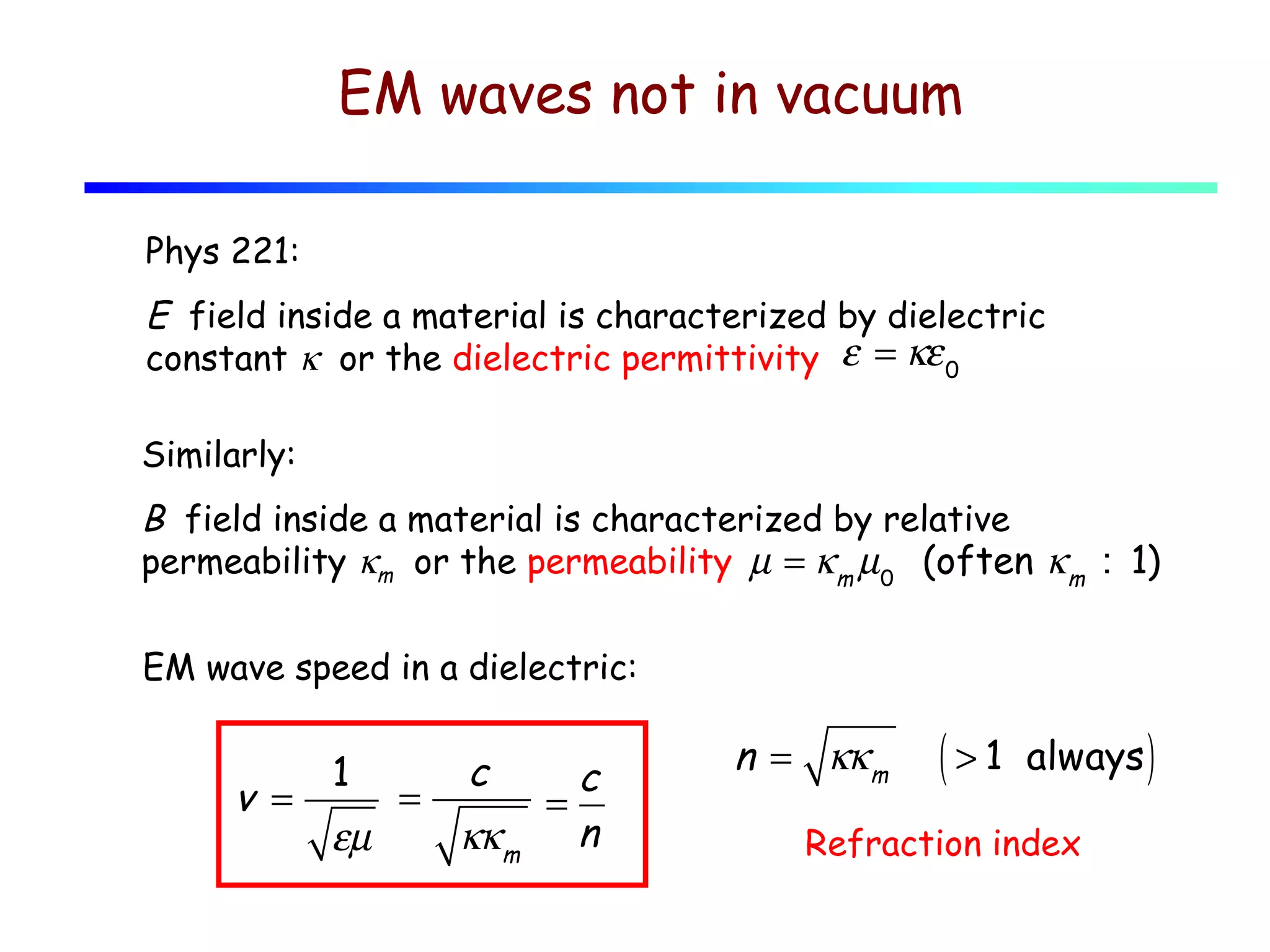 EM waves not in vacuum
Phys 221:

E field inside a material is characterized by dielectric
constant κ or the dielectric permittivity ε = κε 0
Similarly:

B field inside a material is characterized by relative
permeability κm or the permeability µ = κ m µ0 (often κ m : 1)
EM wave speed in a dielectric:

v =

1

εµ

=

c

κκ m

c
=
n

n = κκ m

(>1

always )

Refraction index

 
