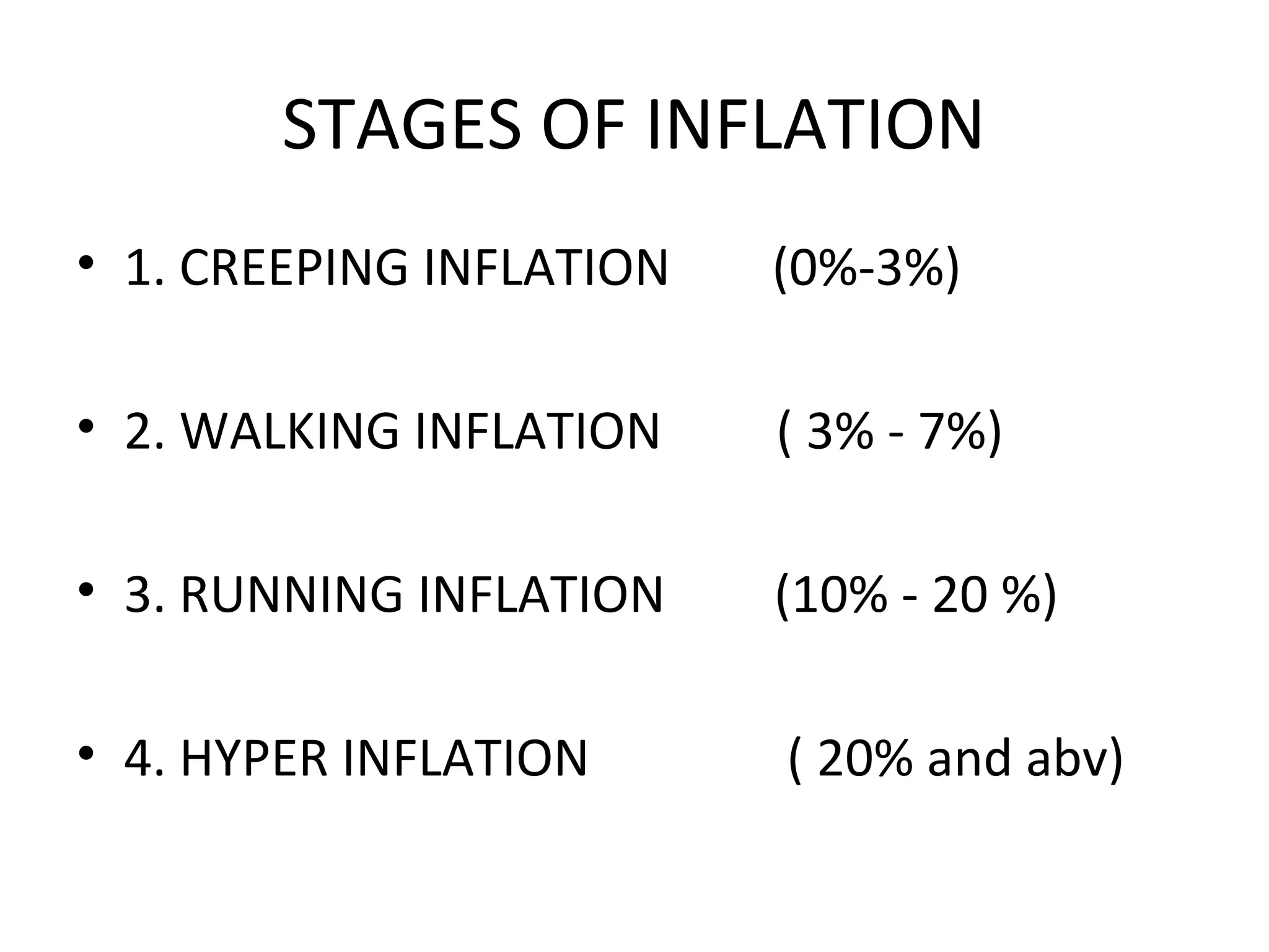 STAGES OF INFLATION
• 1. CREEPING INFLATION (0%-3%)
• 2. WALKING INFLATION ( 3% - 7%)
• 3. RUNNING INFLATION (10% - 20 %)
• 4. HYPER INFLATION ( 20% and abv)
 