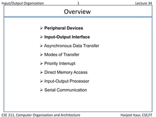 Input/Output Organization 1 Lecture 34
CSE 211, Computer Organization and Architecture Harjeet Kaur, CSE/IT
Overview
 Peripheral Devices
 Input-Output Interface
 Asynchronous Data Transfer
 Modes of Transfer
 Priority Interrupt
 Direct Memory Access
 Input-Output Processor
 Serial Communication
 