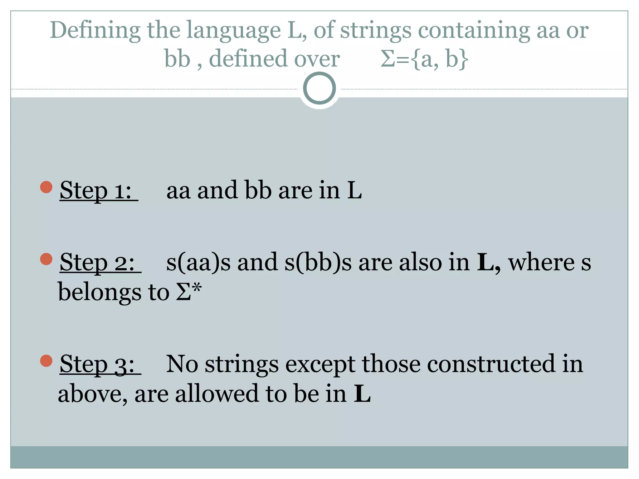 Defining the language L, of strings containing aa or
bb , defined over Σ={a, b}
Step 1: aa and bb are in L
Step 2: s(aa)s and s(bb)s are also in L, where s
belongs to Σ*
Step 3: No strings except those constructed in
above, are allowed to be in L
 