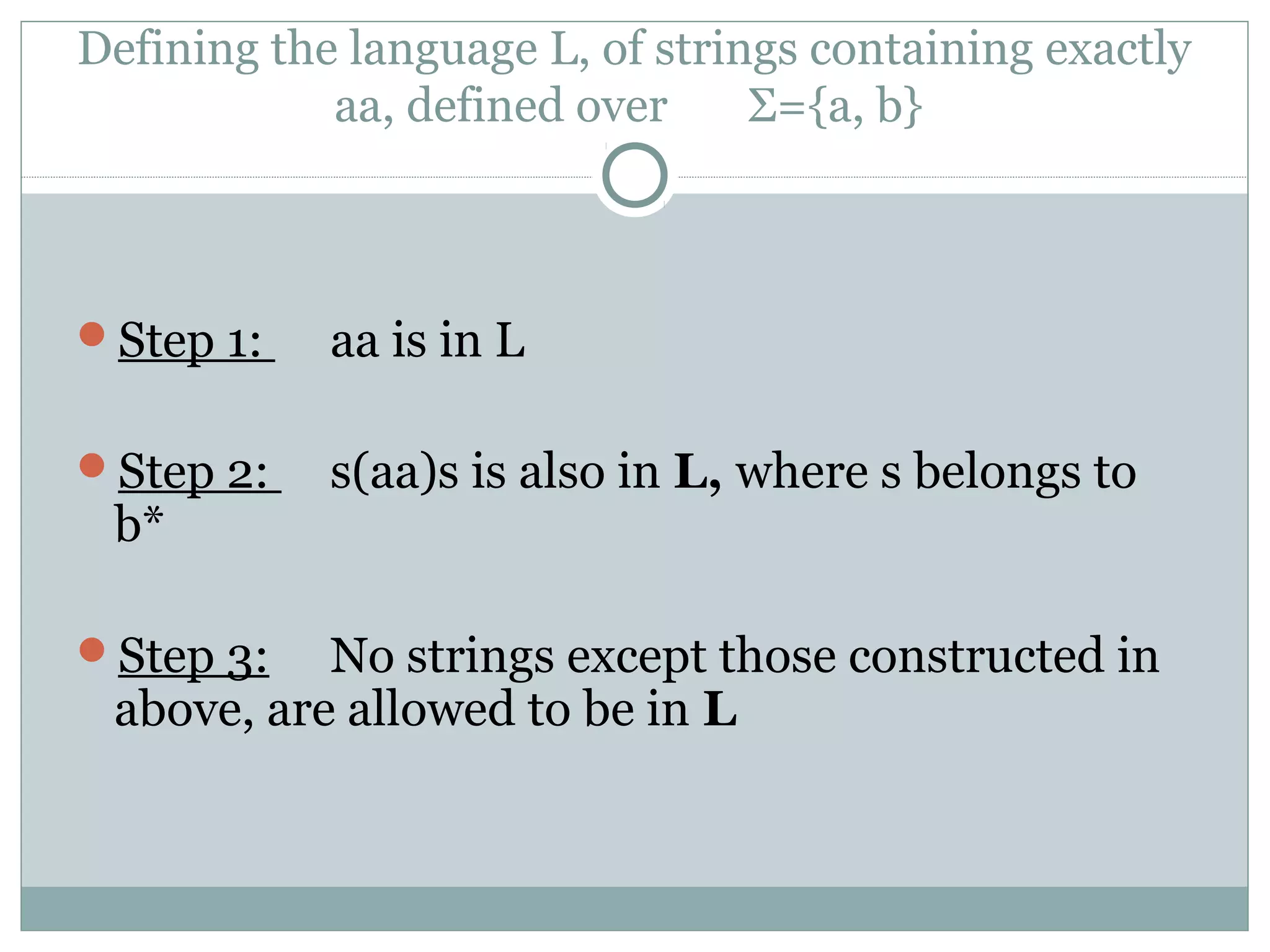 Defining the language L, of strings containing exactly
aa, defined over Σ={a, b}
Step 1: aa is in L
Step 2: s(aa)s is also in L, where s belongs to
b*
Step 3: No strings except those constructed in
above, are allowed to be in L
 