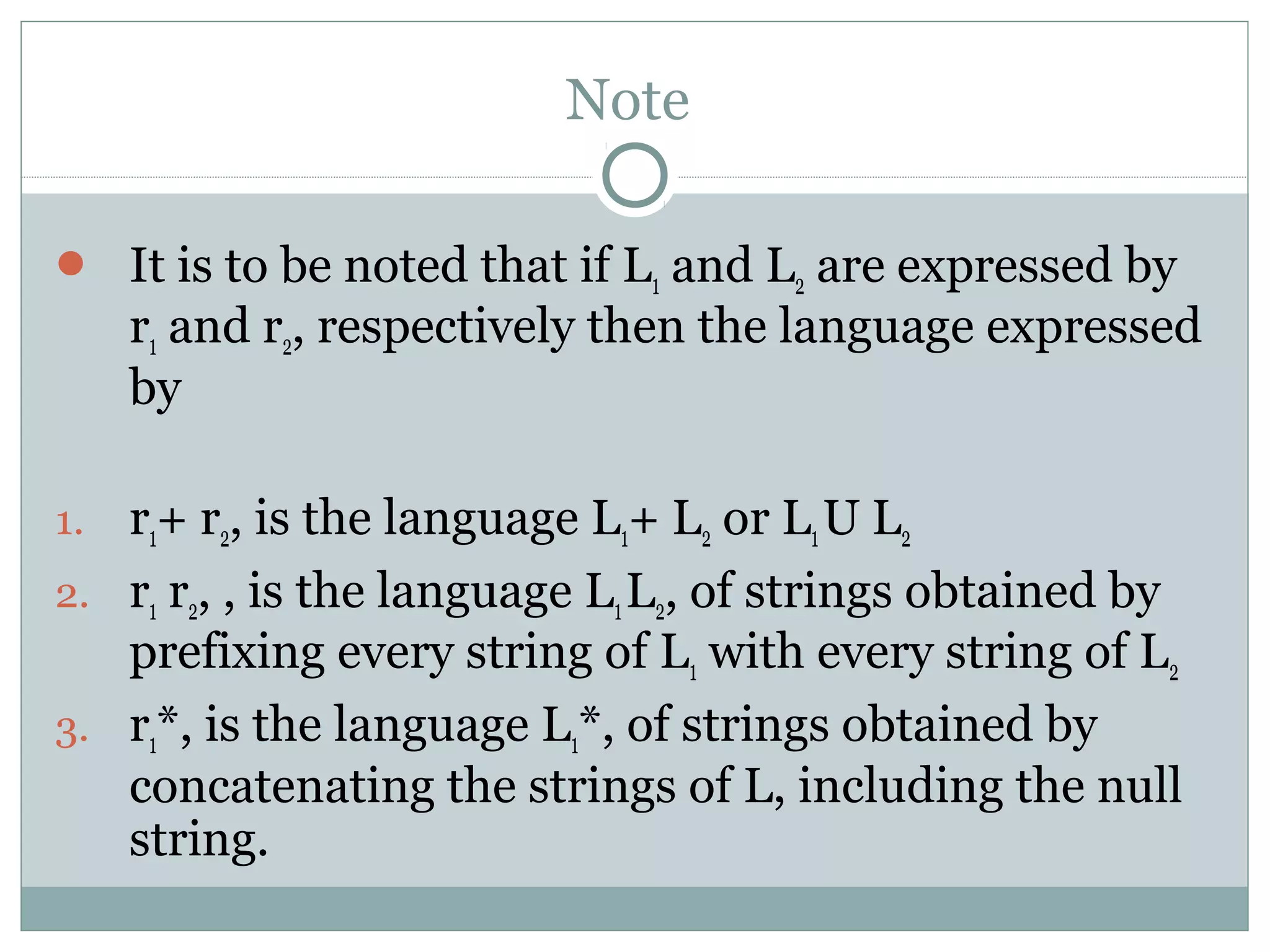 Note
 It is to be noted that if L1 and L2 are expressed by
r1 and r2, respectively then the language expressed
by
1. r1+ r2, is the language L1+ L2 or L1U L2
2. r1 r2, , is the language L1L2, of strings obtained by
prefixing every string of L1 with every string of L2
3. r1*, is the language L1*, of strings obtained by
concatenating the strings of L, including the null
string.
 