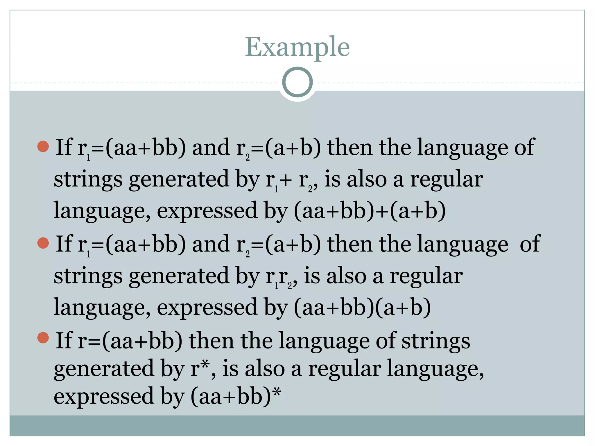 Example
If r1=(aa+bb) and r2=(a+b) then the language of
strings generated by r1+ r2, is also a regular
language, expressed by (aa+bb)+(a+b)
If r1=(aa+bb) and r2=(a+b) then the language of
strings generated by r1r2, is also a regular
language, expressed by (aa+bb)(a+b)
If r=(aa+bb) then the language of strings
generated by r*, is also a regular language,
expressed by (aa+bb)*
 