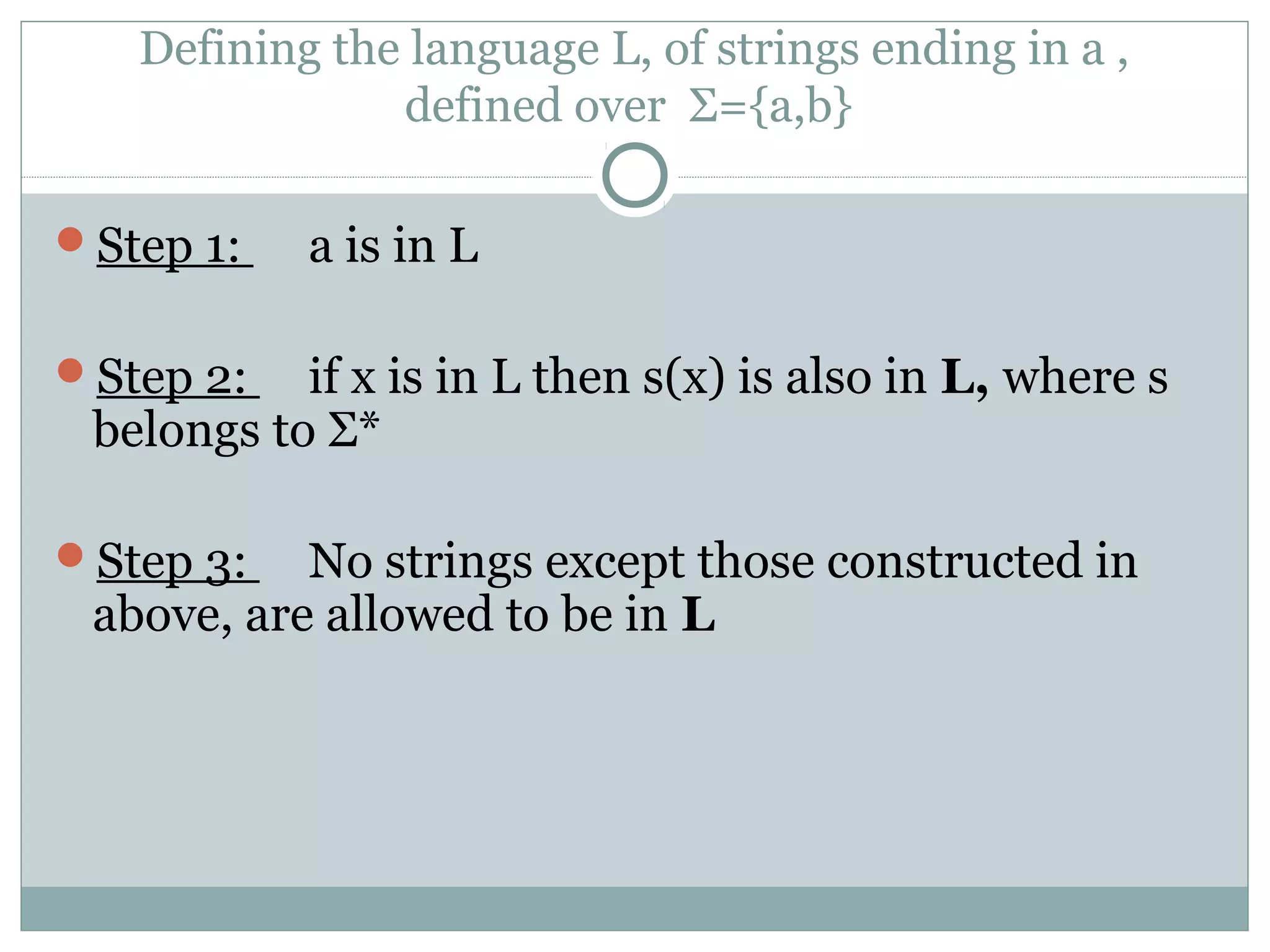 Defining the language L, of strings ending in a ,
defined over Σ={a,b}
Step 1: a is in L
Step 2: if x is in L then s(x) is also in L, where s
belongs to Σ*
Step 3: No strings except those constructed in
above, are allowed to be in L
 