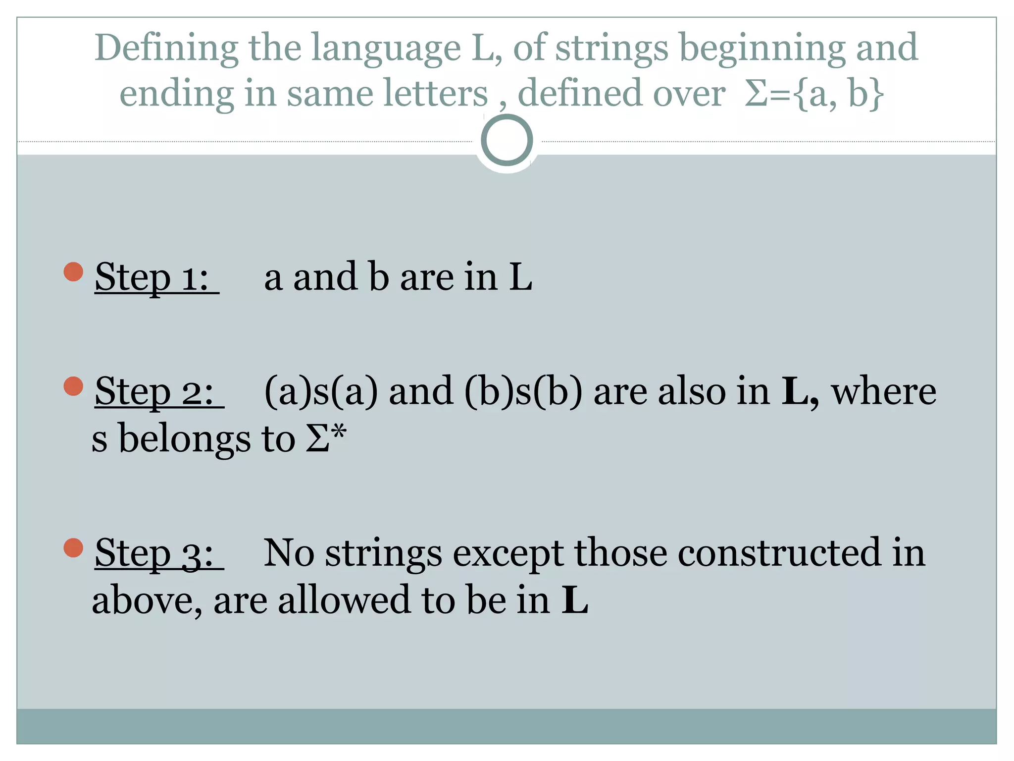 Defining the language L, of strings beginning and
ending in same letters , defined over Σ={a, b}
Step 1: a and b are in L
Step 2: (a)s(a) and (b)s(b) are also in L, where
s belongs to Σ*
Step 3: No strings except those constructed in
above, are allowed to be in L
 
