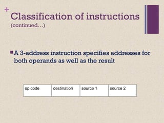 +
Classification of instructions
(continued…)
A 3-address instruction specifies addresses for
both operands as well as the result
op code source 2destination source 1
 