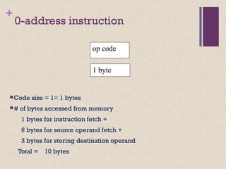 +
0-address instruction
Code size = 1= 1 bytes
# of bytes accessed from memory
1 bytes for instruction fetch +
6 bytes for source operand fetch +
3 bytes for storing destination operand
Total = 10 bytes
1 byte
op code
 
