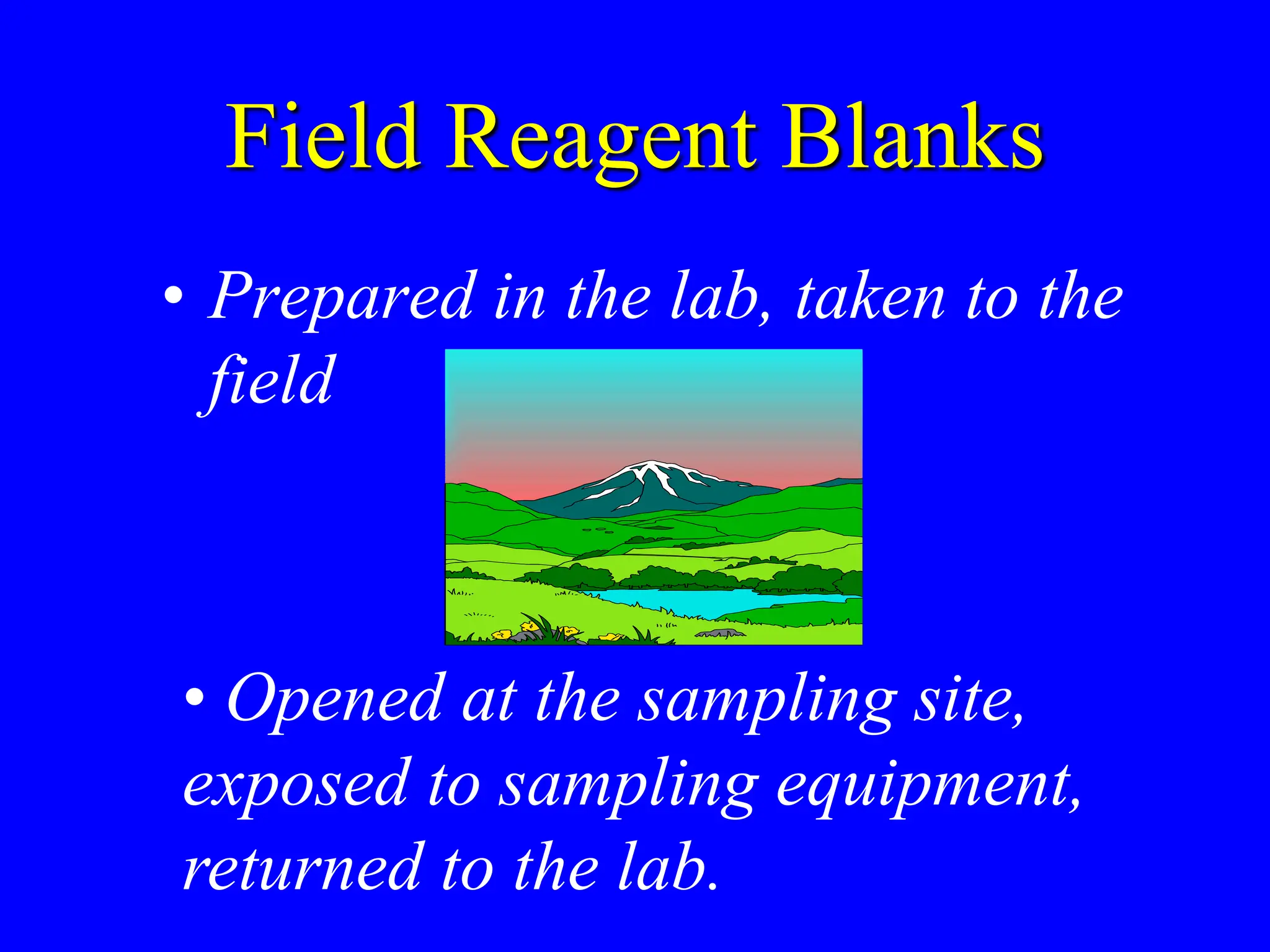 Field Reagent Blanks
• Prepared in the lab, taken to the
field
• Opened at the sampling site,
exposed to sampling equipment,
returned to the lab.
 