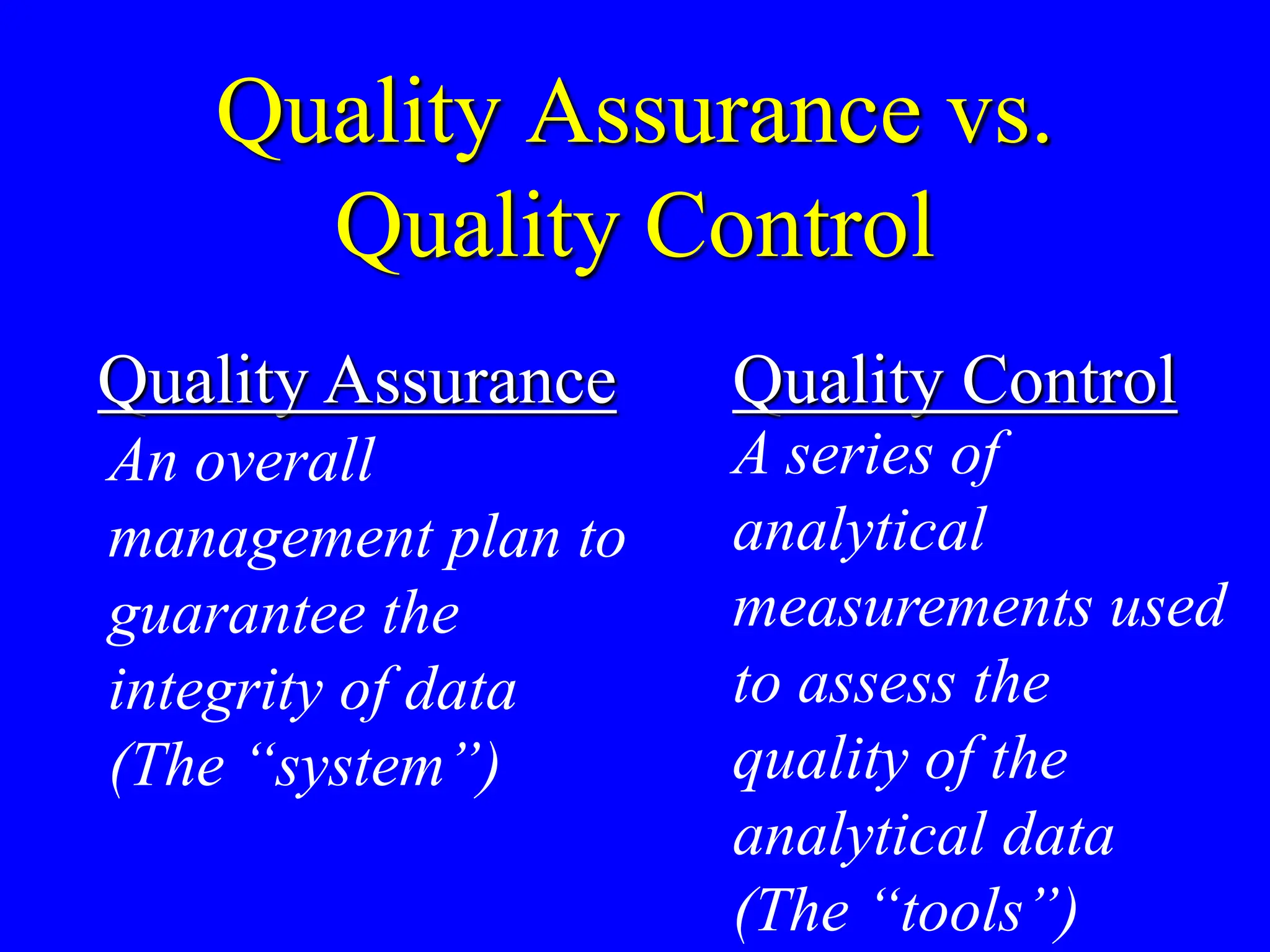 Quality Assurance vs.
Quality Control
Quality Assurance
An overall
management plan to
guarantee the
integrity of data
(The “system”)
Quality Control
A series of
analytical
measurements used
to assess the
quality of the
analytical data
(The “tools”)
 