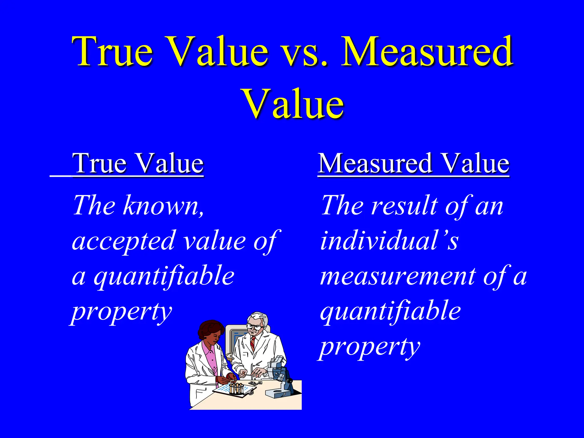 True Value vs. Measured
Value
True Value
The known,
accepted value of
a quantifiable
property
Measured Value
The result of an
individual’s
measurement of a
quantifiable
property
 