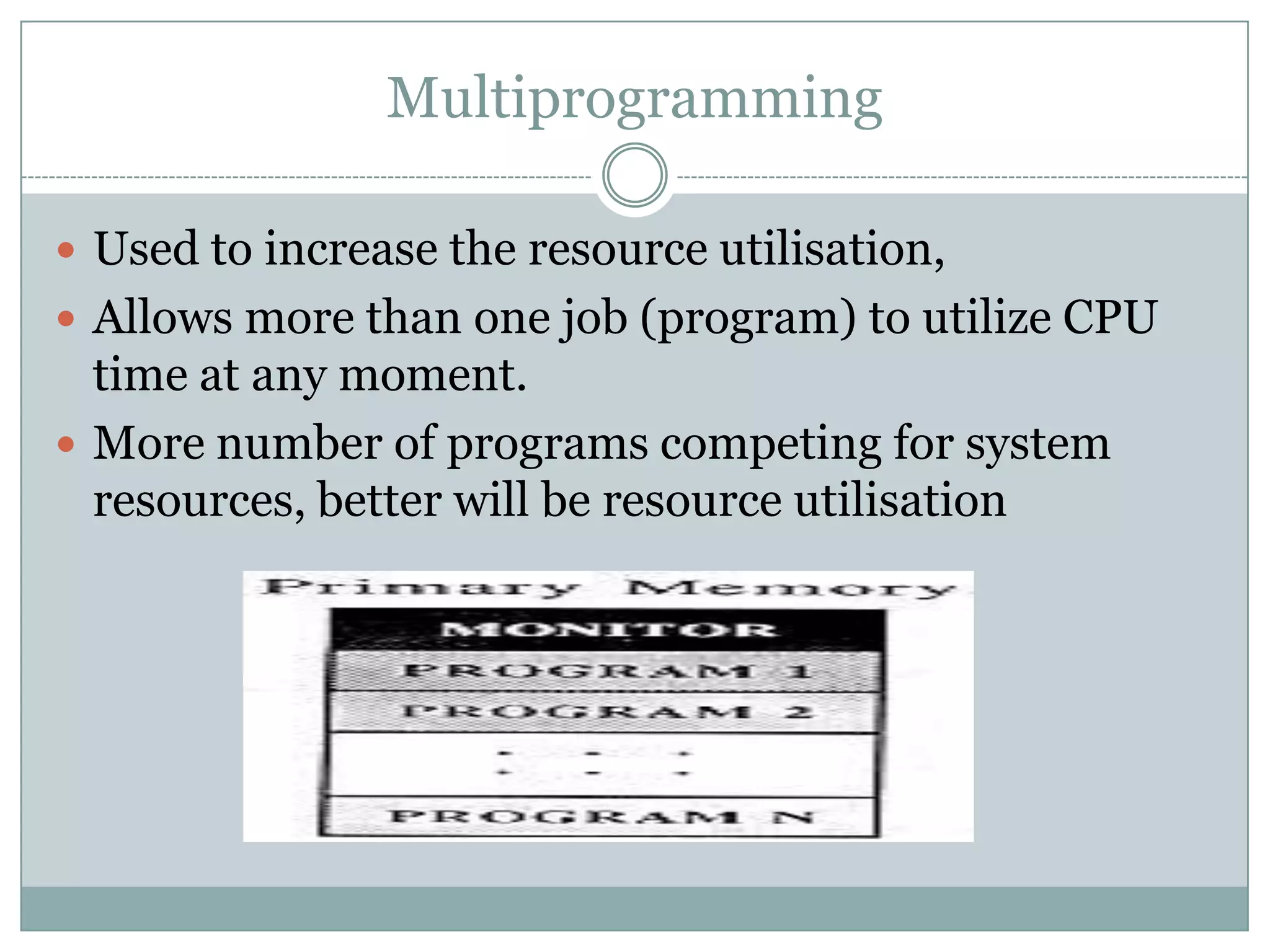 Multiprogramming

 Used to increase the resource utilisation,
 Allows more than one job (program) to utilize CPU
  time at any moment.
 More number of programs competing for system
  resources, better will be resource utilisation
 