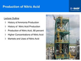Production of Nitric Acid
Lecture Outline
 History of Ammonia Production
 History of Nitric Acid Production
 Production of Nitric Acid, 68 percent
 Higher Concentrations of Nitric Acid
 Markets and Uses of Nitric Acid
 