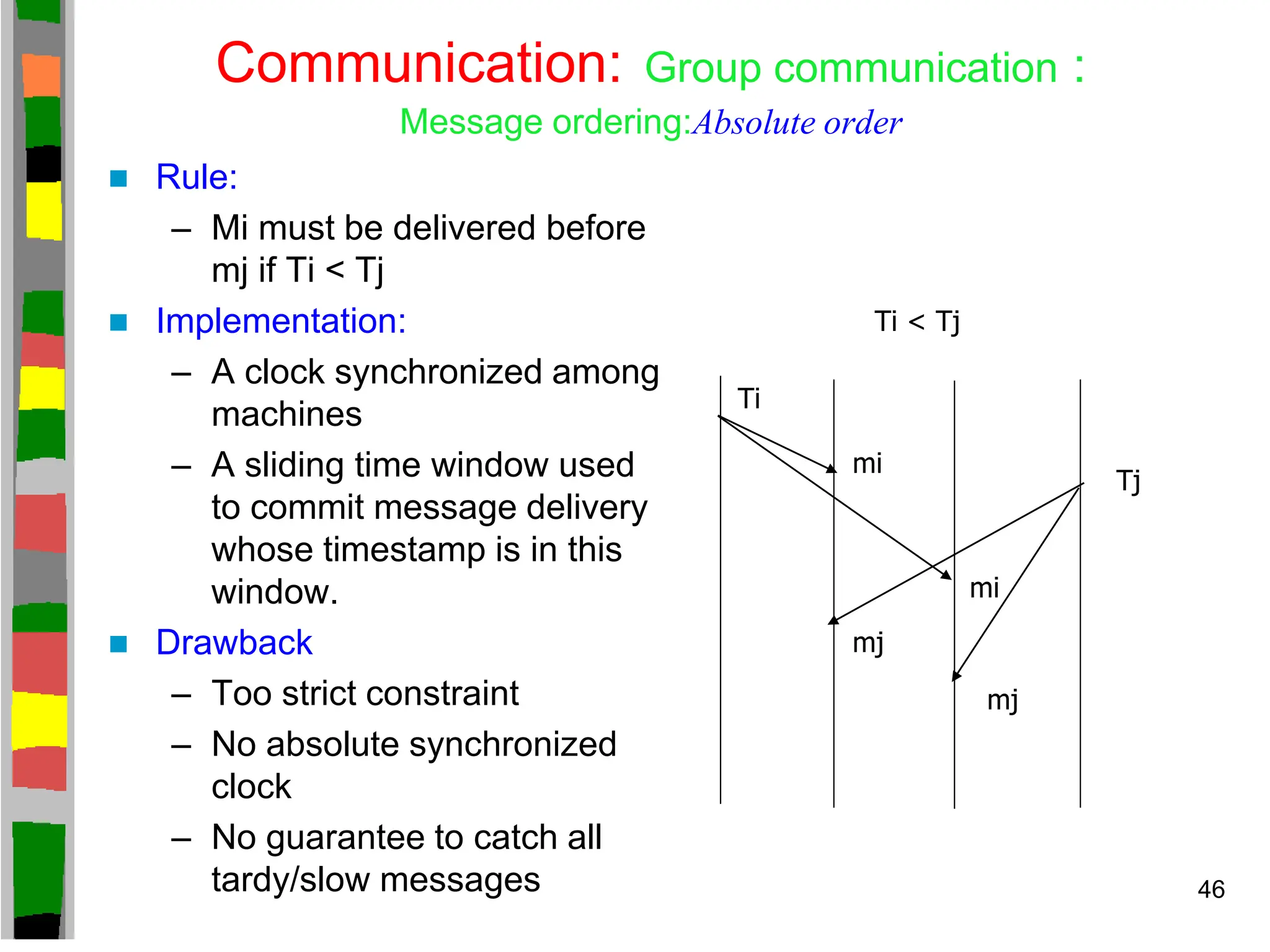 Communication: Group communication :
Message ordering:Absolute order
 Rule:
– Mi must be delivered before
mj if Ti < Tj
 Implementation:
– A clock synchronized among
machines
– A sliding time window used
to commit message delivery
whose timestamp is in this
window.
 Drawback
– Too strict constraint
– No absolute synchronized
clock
– No guarantee to catch all
tardy/slow messages
mi
mi
mj
mj
Tj
Ti
Ti < Tj
46
 