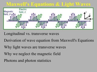 Maxwell's Equations & Light Waves
Longitudinal vs. transverse waves
Derivation of wave equation from Maxwell's Equations
Why light waves are transverse waves
Why we neglect the magnetic field
Photons and photon statistics
 