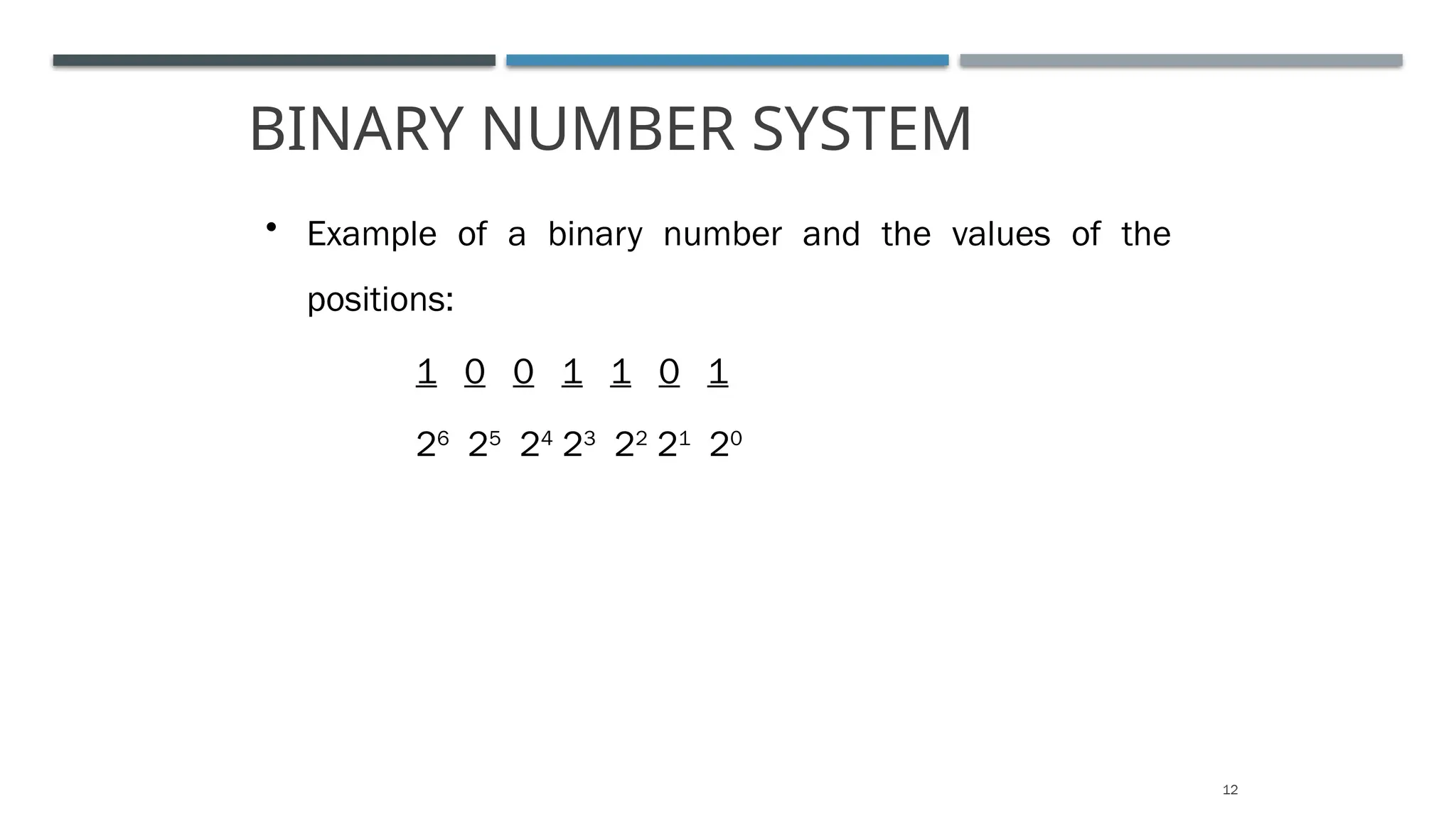 BINARY NUMBER SYSTEM
12
• Example of a binary number and the values of the
positions:
 1 0 0 1 1 0 1
 26
25
24
23
22
21
20
 