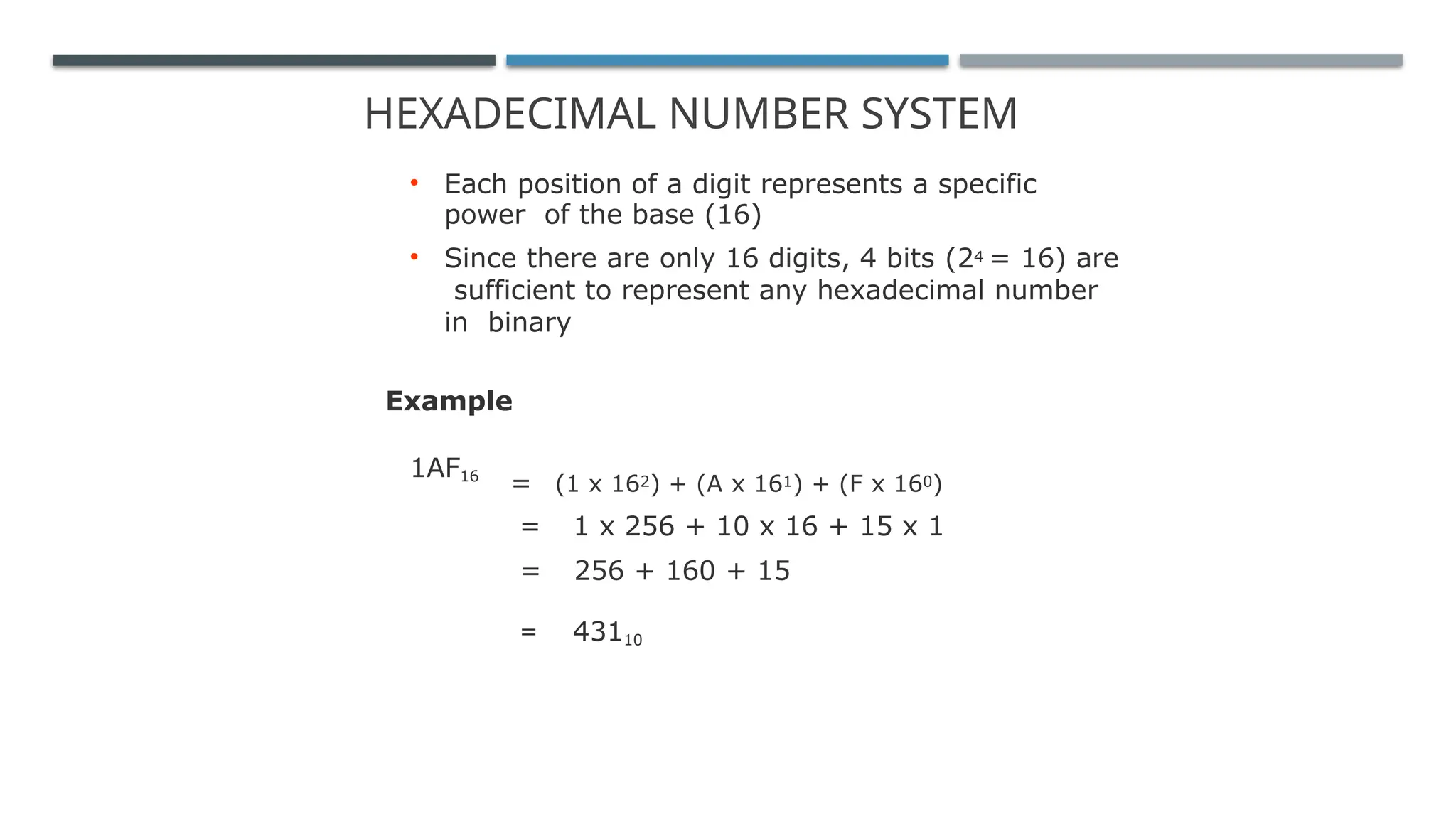HEXADECIMAL NUMBER SYSTEM
• Each position of a digit represents a specific
power of the base (16)
• Since there are only 16 digits, 4 bits (24 = 16) are
sufficient to represent any hexadecimal number
in binary
Example
1AF16
= (1 x 162) + (A x 161) + (F x 160)
= 1 x 256 + 10 x 16 + 15 x 1
= 256 + 160 + 15
= 43110
 