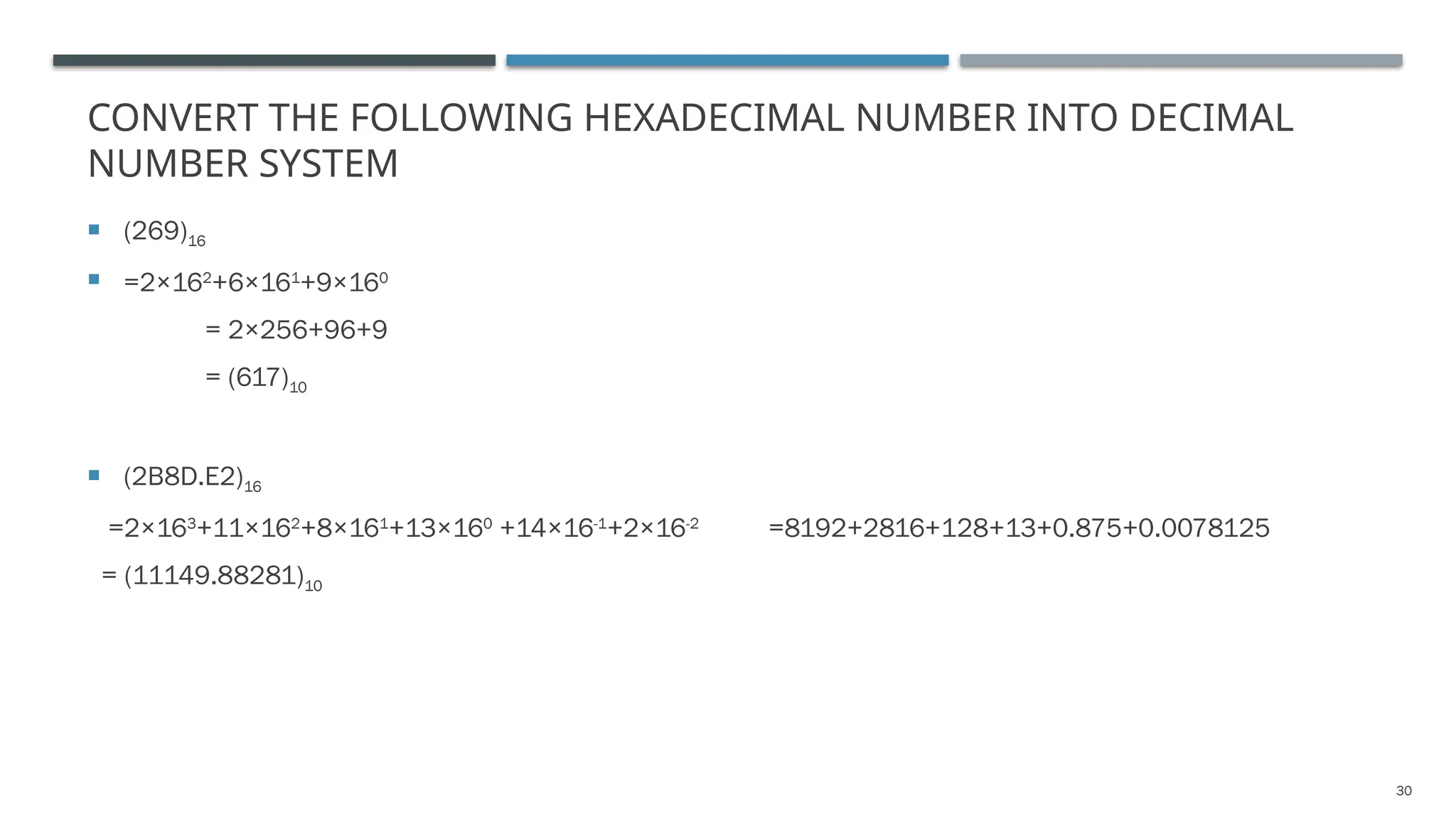 30
CONVERT THE FOLLOWING HEXADECIMAL NUMBER INTO DECIMAL
NUMBER SYSTEM
 (269)16
 =2×162
+6×161
+9×160
= 2×256+96+9
= (617)10
 (2B8D.E2)16
=2×163
+11×162
+8×161
+13×160
+14×16-1
+2×16-2
=8192+2816+128+13+0.875+0.0078125
= (11149.88281)10
 