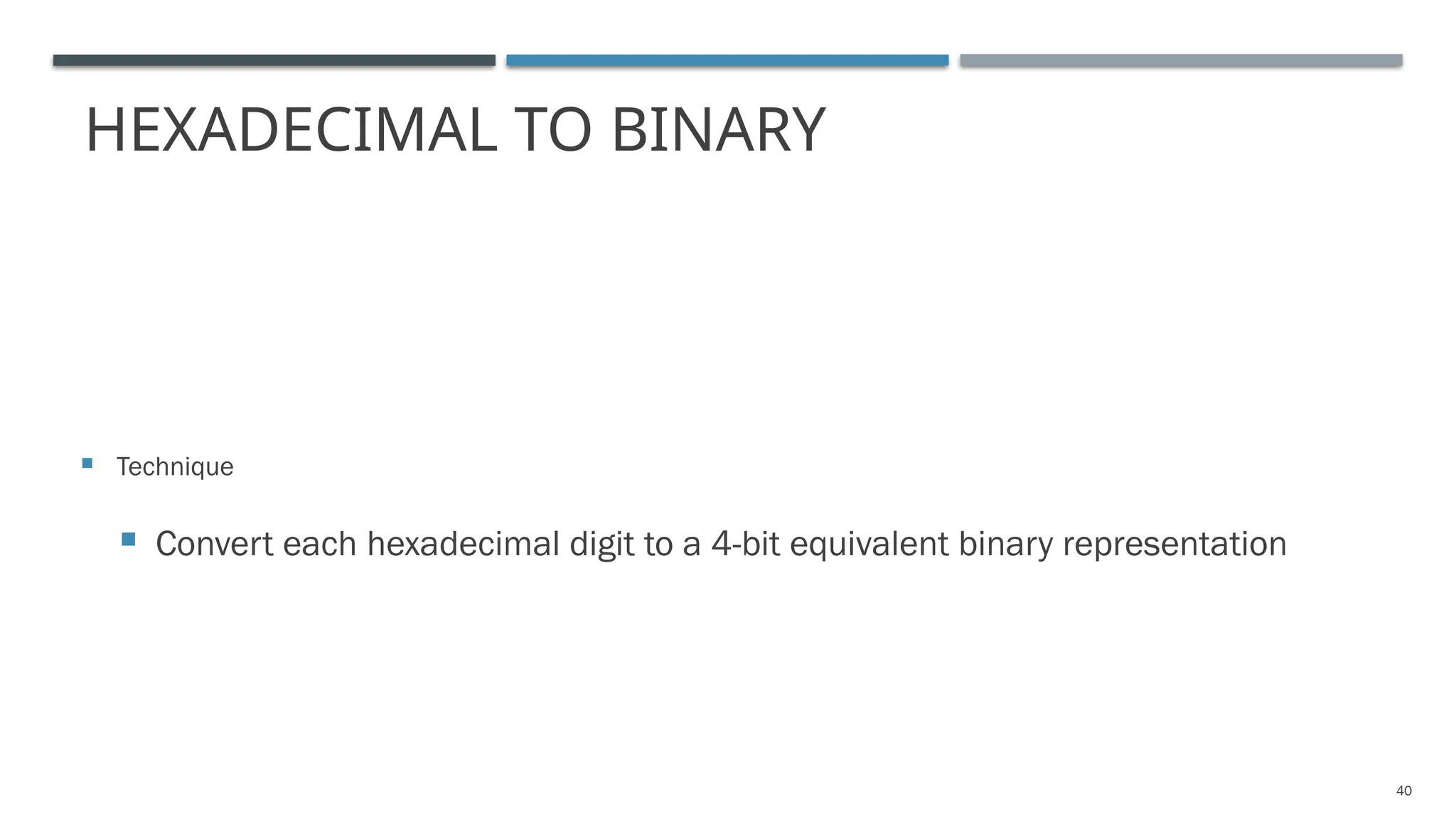HEXADECIMAL TO BINARY
 Technique
 Convert each hexadecimal digit to a 4-bit equivalent binary representation
40
 