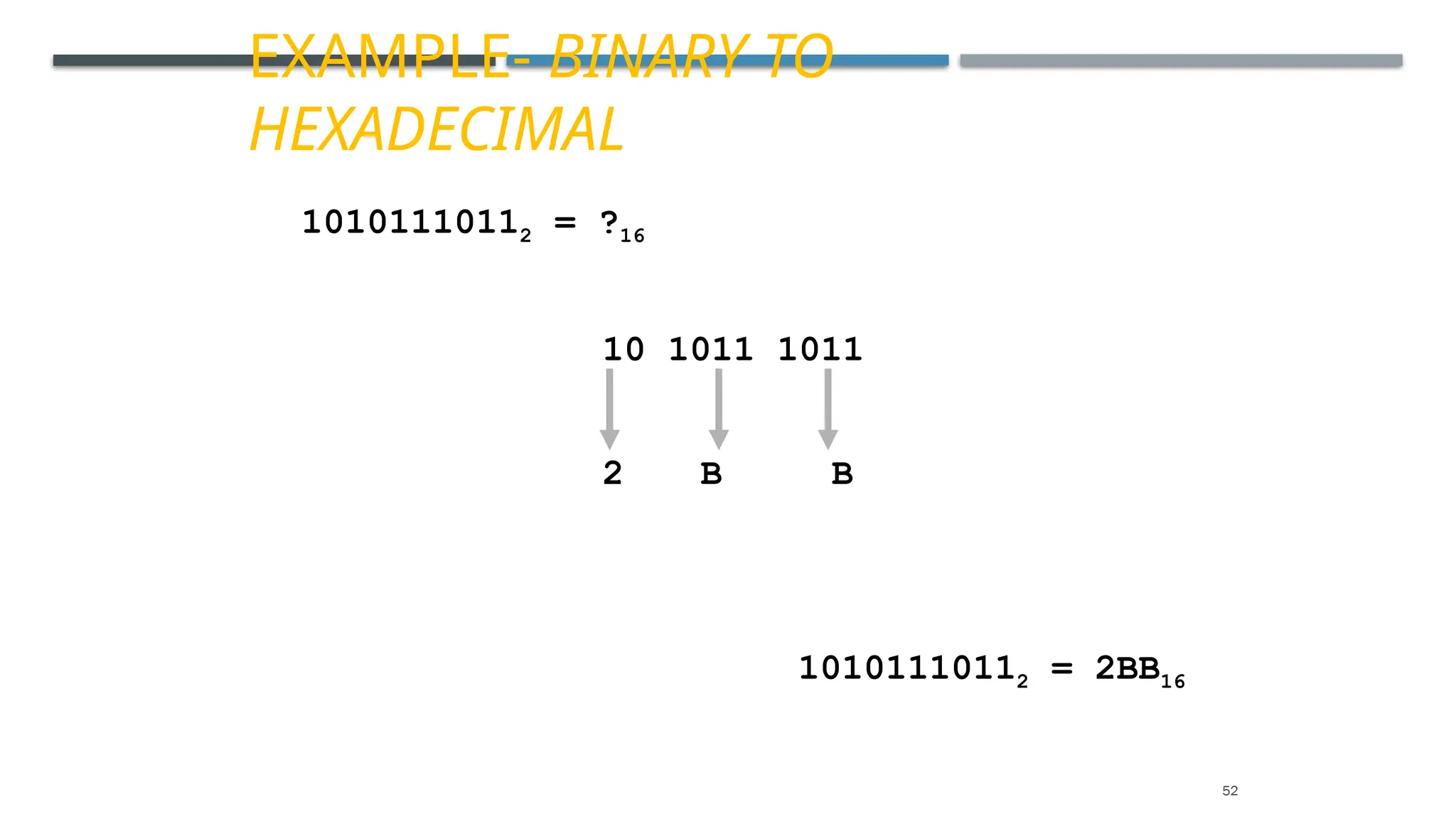 EXAMPLE- BINARY TO
HEXADECIMAL
10101110112 = ?16
10 1011 1011
2 B B
10101110112 = 2BB16
52
 