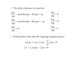 • The other relations we need are:
• Putting these back into the Lagrange equation gives:
1
2
2
1
3
sin cos sin
sin sin cos
0
ω
φ θ ψ θ ψ ω
ψ
ω
φ θ ψ θ ψ ω
ψ
ω
ψ
∂
= − =
∂
∂
= − = −
∂
∂
=
∂
1
2
3
0
0
1
ω
ψ
ω
ψ
ω
ψ
∂
=
∂
∂
=
∂
∂
=
∂
( )
( )
1 1 2 2 2 1 3 3
1 2 1 2 3 3
0
0
d
I I I
dt
I I I
ω ω ω ω ω
ω ω ω
+ − − =
− − =
 