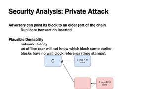 Security Analysis: Private Attack
Adversary can point its block to an older part of the chain
Duplicate transaction insert...