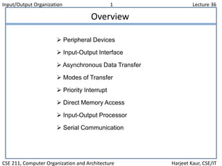 Input/Output Organization 1 Lecture 36
CSE 211, Computer Organization and Architecture Harjeet Kaur, CSE/IT
Overview
 Peripheral Devices
 Input-Output Interface
 Asynchronous Data Transfer
 Modes of Transfer
 Priority Interrupt
 Direct Memory Access
 Input-Output Processor
 Serial Communication
 