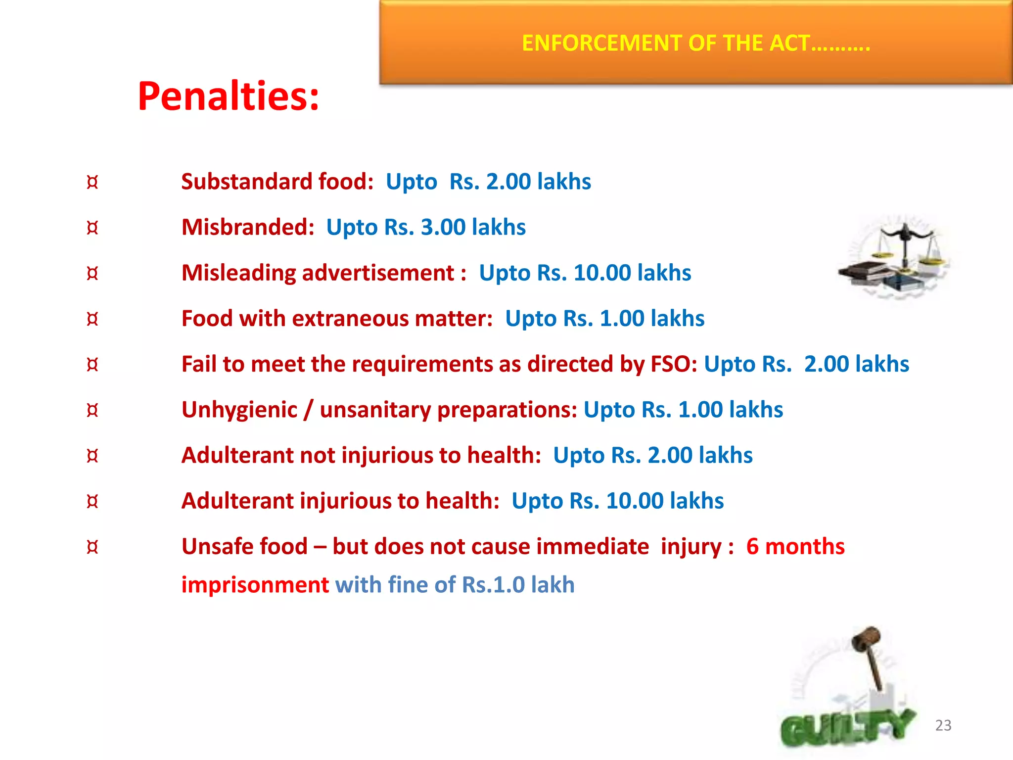 ENFORCEMENT OF THE ACT……….
¤ Substandard food: Upto Rs. 2.00 lakhs
¤ Misbranded: Upto Rs. 3.00 lakhs
¤ Misleading advertisement : Upto Rs. 10.00 lakhs
¤ Food with extraneous matter: Upto Rs. 1.00 lakhs
¤ Fail to meet the requirements as directed by FSO: Upto Rs. 2.00 lakhs
¤ Unhygienic / unsanitary preparations: Upto Rs. 1.00 lakhs
¤ Adulterant not injurious to health: Upto Rs. 2.00 lakhs
¤ Adulterant injurious to health: Upto Rs. 10.00 lakhs
¤ Unsafe food – but does not cause immediate injury : 6 months
imprisonment with fine of Rs.1.0 lakh
Penalties:
23
 