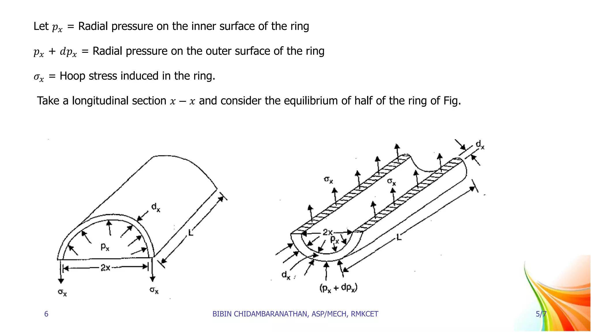 Let 𝑝𝑥 = Radial pressure on the inner surface of the ring
𝑝𝑥 + 𝑑𝑝𝑥 = Radial pressure on the outer surface of the ring
𝜎𝑥 = Hoop stress induced in the ring.
Take a longitudinal section 𝑥 − 𝑥 and consider the equilibrium of half of the ring of Fig.
6 BIBIN CHIDAMBARANATHAN, ASP/MECH, RMKCET 5/7
 