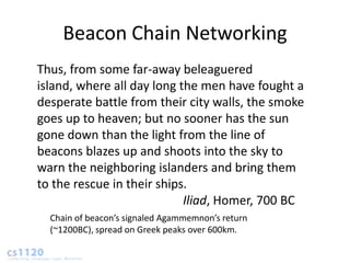 Beacon Chain Networking
Thus, from some far-away beleaguered
island, where all day long the men have fought a
desperate battle from their city walls, the smoke
goes up to heaven; but no sooner has the sun
gone down than the light from the line of
beacons blazes up and shoots into the sky to
warn the neighboring islanders and bring them
to the rescue in their ships.
                            Iliad, Homer, 700 BC
  Chain of beacon’s signaled Agammemnon’s return
  (~1200BC), spread on Greek peaks over 600km.
 