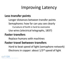 Improving Latency
Less transfer points
   Longer distances between transfer points
   Semaphores: how far can you see clearly
      Curvature of Earth is hard to overcome
   Use wires (electrical telegraphs, 1837)
Faster transfers
   Replace humans with machines
Faster travel between transfers
   Hard to beat speed of light (semaphore network)
   Electrons in copper: about 1/3rd speed of light
 