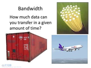 Bandwidth
How much data can
you transfer in a given
amount of time?
 