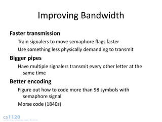 Improving Bandwidth
Faster transmission
   Train signalers to move semaphore flags faster
   Use something less physically demanding to transmit
Bigger pipes
   Have multiple signalers transmit every other letter at the
     same time
Better encoding
   Figure out how to code more than 98 symbols with
      semaphore signal
   Morse code (1840s)
 