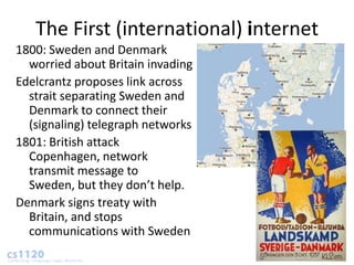 The First (international) internet
1800: Sweden and Denmark
  worried about Britain invading
Edelcrantz proposes link across
  strait separating Sweden and
  Denmark to connect their
  (signaling) telegraph networks
1801: British attack
  Copenhagen, network
  transmit message to
  Sweden, but they don’t help.
Denmark signs treaty with
  Britain, and stops
  communications with Sweden
 