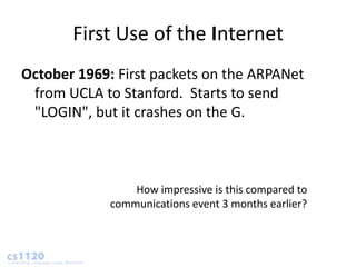 First Use of the Internet
October 1969: First packets on the ARPANet
 from UCLA to Stanford. Starts to send
 "LOGIN", but it crashes on the G.



                 How impressive is this compared to
             communications event 3 months earlier?
 