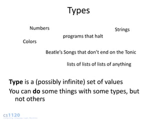 Types
      Numbers                                   Strings
                     programs that halt
    Colors
             Beatle’s Songs that don’t end on the Tonic

                      lists of lists of lists of anything


Type is a (possibly infinite) set of values
You can do some things with some types, but
  not others
 