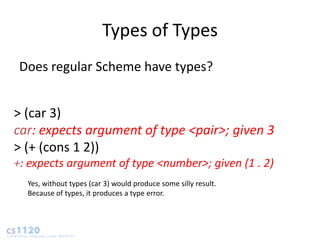 Types of Types
 Does regular Scheme have types?


> (car 3)
car: expects argument of type <pair>; given 3
> (+ (cons 1 2))
+: expects argument of type <number>; given (1 . 2)
  Yes, without types (car 3) would produce some silly result.
  Because of types, it produces a type error.
 