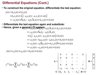 • To construct the original equation, differentiate the last equation:
• Differentiate the last equation again and substitute:
• Hence, given a general LTI system:
Differential Equations (Cont.)
 
  )
(
)
(
)
(
)
(
)
(
)
(
)
(
)
(
)
(
)
(
)
(
1
2
0
1
1
0
0
1
1
2
1
1
0
1
2
0
2
1
1
0
t
v
b
t
x
b
t
x
b
a
b
a
t
y
a
t
v
t
x
a
t
x
a
b
t
x
b
t
x
b
t
x
b
t
y












 


 
 
 
 
)
(
)
(
)
(
)
(
)
(
)
(
)
(
)
(
)
(
)
(
)
(
)
(
)
(
)
(
)
(
)
(
)
(
)
(
)
(
)
(
)
(
)
(
)
(
)
(
)
(
)
(
)
(
)
(
)
(
)
(
1
0
0
1
1
0
0
1
1
0
2
1
1
0
0
1
1
0
2
1
0
1
0
0
1
1
2
1
1
0
0
2
1
0
0
1
1
1
2
0
1
1
0
0
1
1
t
v
b
t
v
b
t
y
a
t
y
a
t
y
t
v
b
t
v
b
t
y
a
t
y
a
t
v
b
t
v
b
t
x
b
t
x
b
a
t
y
a
t
v
b
t
v
b
t
x
b
a
t
x
a
b
t
y
a
t
v
b
t
v
t
x
a
t
x
a
b
t
x
b
a
b
a
t
y
a
t
v
b
t
x
b
t
x
b
a
b
a
t
y
a
t
y






















































     








1
0
1
0
)
(
)
(
)
(
N
i
i
i
N
i
i
i
N
t
v
b
t
y
a
t
y
  0
1
0
0
0
1
0
0
0
1
0
0
0
0
1
0
2
1
0
1
2
1
0









































D
C
B
A
N
N
b
b
b
b
a
a
a
a











 