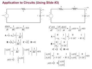 Application to Circuits (Using Slide #3)
)
(
1
)
(
1
)
(
t
v
RC
t
y
RC
dt
t
dy

 )
(
1
)
(
1
)
(
)
(
2
2
t
v
LC
t
y
LC
dt
t
dy
L
R
dt
t
y
d









 
    0
1
1
1
0
0




















D
C
B
A
RC
b
RC
a
  





































)
(
1
)
(
)
(
1
)
(
1
)
(
1
1
1
t
x
t
y
t
v
RC
t
x
RC
t
x
   0
0
1
/
1
0
0
/
/
1
1
0
1
0
0
1
0


































D
C
B
A
LC
b
L
R
LC
a
a
  


































)
(
)
(
0
1
)
(
)
(
/
1
0
)
(
)
(
/
/
1
1
0
)
(
)
(
2
1
2
1
2
1
t
x
t
x
t
y
t
v
LC
t
x
t
x
L
R
LC
t
x
t
x


 