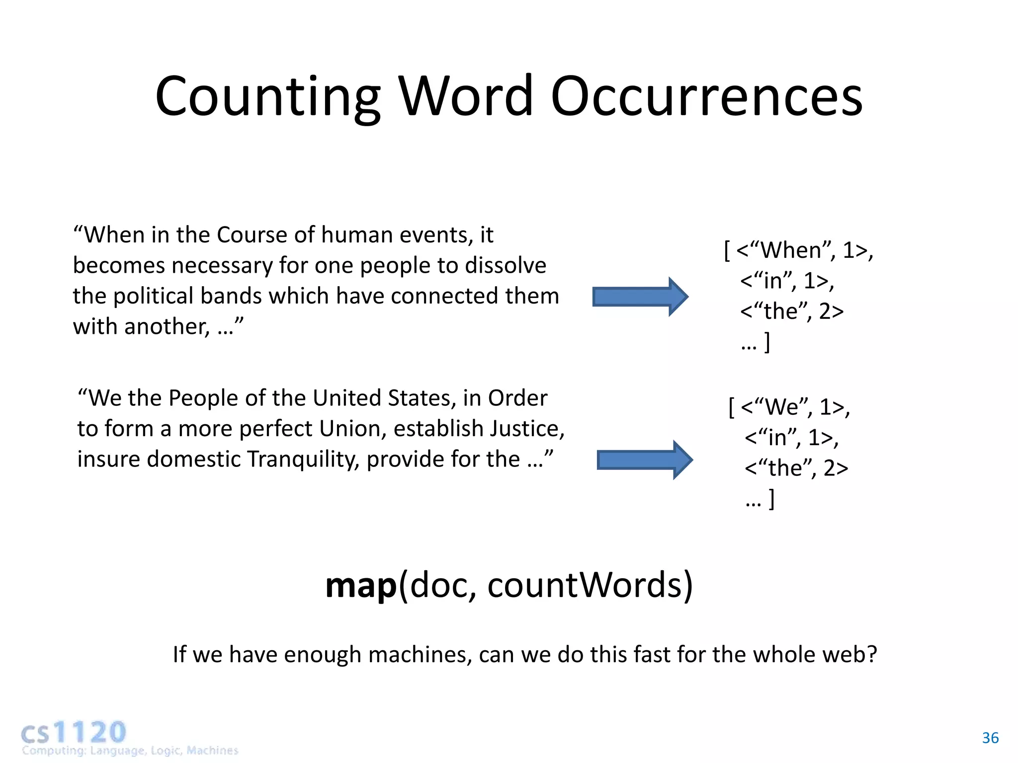 Counting Word Occurrences

“When in the Course of human events, it
                                                            * <“When”, 1>,
becomes necessary for one people to dissolve
                                                              <“in”, 1>,
the political bands which have connected them
                                                              <“the”, 2>
with another, …”
                                                              …+

“We the People of the United States, in Order               * <“We”, 1>,
to form a more perfect Union, establish Justice,              <“in”, 1>,
insure domestic Tranquility, provide for the …”               <“the”, 2>
                                                              …+


                        map(doc, countWords)
         If we have enough machines, can we do this fast for the whole web?


                                                                              36
 