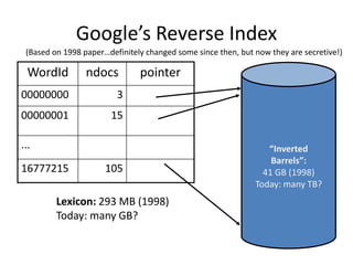 Google’s Reverse Index
 (Based on 1998 paper…definitely changed some since then, but now they are secretive!)

  WordId         ndocs         pointer
00000000                 3
00000001               15

...                                                              “Inverted
                                                                  Barrels”:
16777215              105                                       41 GB (1998)
                                                              Today: many TB?
         Lexicon: 293 MB (1998)
         Today: many GB?
 