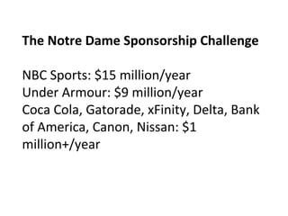 The Notre Dame Sponsorship Challenge
NBC Sports: $15 million/year
Under Armour: $9 million/year
Coca Cola, Gatorade, xFinity, Delta, Bank
of America, Canon, Nissan: $1
million+/year
 