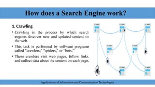 How does a Search Engine work?
1. Crawling
• Crawling is the process by which search
engines discover new and updated content on
the web.
• This task is performed by software programs
called "crawlers," "spiders," or “bots.”
• These crawlers visit web pages, follow links,
and collect data about the content on each page.
Applications of Information and Communication Technologies
 