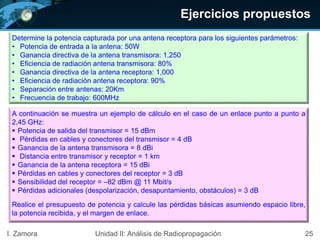 Ejercicios propuestos
Determine la potencia capturada por una antena receptora para los siguientes parámetros:
• Potencia de entrada a la antena: 50W
• Ganancia directiva de la antena transmisora: 1,250
• Eficiencia de radiación antena transmisora: 80%
• Ganancia directiva de la antena receptora: 1,000
• Eficiencia de radiación antena receptora: 90%
• Separación entre antenas: 20Km
• Frecuencia de trabajo: 600MHz
25I. Zamora Unidad II: Análisis de Radiopropagación
A continuación se muestra un ejemplo de cálculo en el caso de un enlace punto a punto a
2,45 GHz:
 Potencia de salida del transmisor = 15 dBm
 Pérdidas en cables y conectores del transmisor = 4 dB
 Ganancia de la antena transmisora = 8 dBi
 Distancia entre transmisor y receptor = 1 km
 Ganancia de la antena receptora = 15 dBi
 Pérdidas en cables y conectores del receptor = 3 dB
 Sensibilidad del receptor = –82 dBm @ 11 Mbit/s
 Pérdidas adicionales (despolarización, desapuntamiento, obstáculos) = 3 dB
Realice el presupuesto de potencia y calcule las pérdidas básicas asumiendo espacio libre,
la potencia recibida, y el margen de enlace.
 